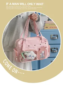 Pink canvas ita bag with transparent window, Japanese style cute daily casual handbag.