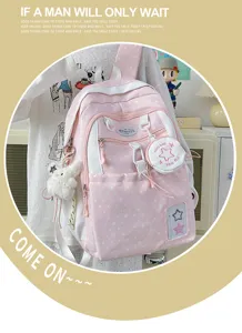 Sweet contrast color student backpack with star pattern and cute pendant, ideal for daily school use.