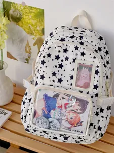 Sweet star print ita bag with transparent front pocket for cute pins, badges, and anime cards.