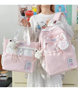 Japanese style sweet pink star print student backpack and casual shoulder bag set for daily