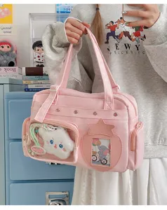 Pink canvas ita bag with clear window, large capacity cute casual handbag for daily use.