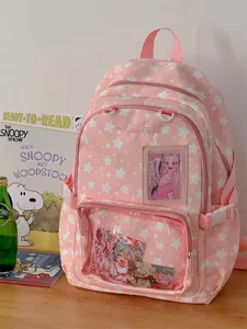 Pink star pattern ita bag backpack detail view showcasing the clear front pocket design.