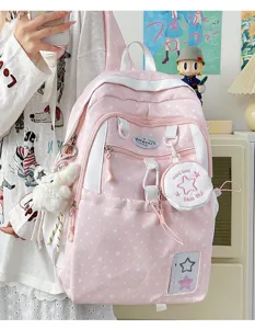 Pink star print canvas school backpack Japanese sweet casual student bookbag with cute plush pendant