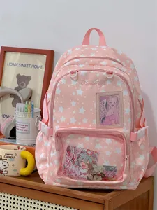 Sweet pink star pattern ita backpack with clear window pocket for pins and cards daily use