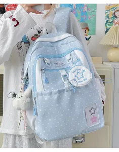 Japanese style cute star print school backpack sweet color block daily casual student book bag