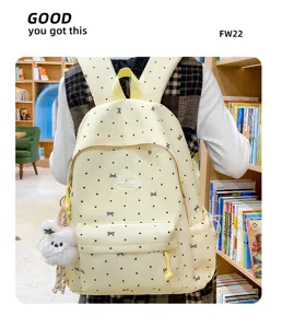 Japanese style sweet dot bow school backpack for girls, large capacity student book bag.