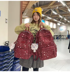 Japanese style casual canvas backpack for students, cute red star print school bag for daily use