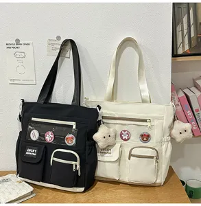 Borsa a tracolla in tela casual con tasca frontale, ciondolo a stella in peluche, borsa studente.