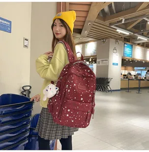 Japanese style casual star print backpack student school bag with cute plush pendant