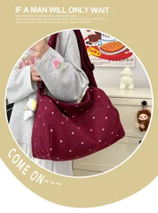 Women large capacity corduroy polka dot shoulder bag casual commuter crossbody bag.