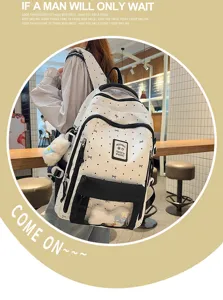 Korean style sweet white polka dot ita bag with transparent window, large capacity backpack.