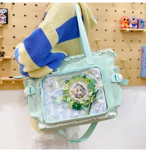 Detailed view of the cute Japanese style ita bag with clear window, ruffles, and badge.