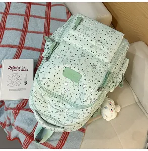 Mint green star print backpack, casual school bag, cute aesthetic bookbag for students commuter.