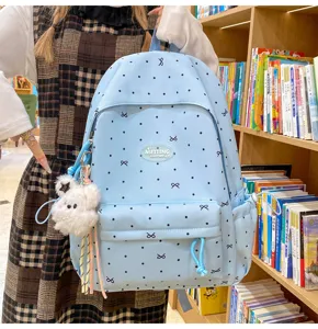 Detailed view of the light blue polka dot backpack with cute bow patterns and plush bear pendant.