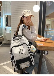 Korean style polka dot ita bag with transparent window and cute plush pendant backpack