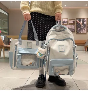 Cute polka dot ita bag set, double shoulder backpack and tote with clear window and bear.