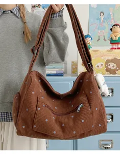 Brown corduroy shoulder bag large capacity polka dot crossbody bag vintage casual tote