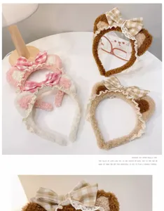 Plaid bow cat ear headband Lolita sweet plush hair hoop cute lace fuzzy hair accessory detail