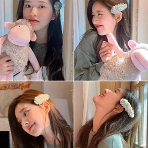 Cute autumn winter plush hair clip solid lamb wool side bangs clip for women fashion hair accessories
