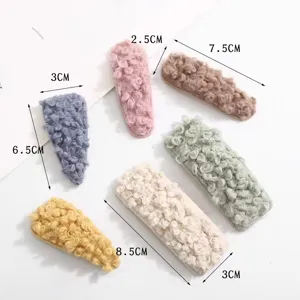 Plush hair clips detail view showing size measurements, cute winter lamb wool side hairpins for women.