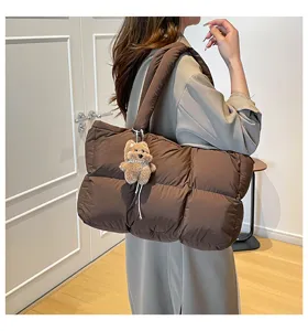 Brown quilted puffy tote bag for women soft cotton padded shoulder underarm pillow bag