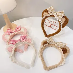 Sweet Cute Plush Cat Bear Ear Hair Hoop Lolita Bowknot Lace Headband Women Daily Hair Accessories Headwear