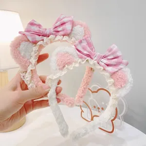 Cute pink plaid bow headband Japanese Lolita plush hair hoop sweet cute daily hair accessory.