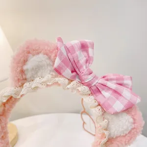 Cute plush cat ear headband with pink gingham bow and lace trim for sweet Lolita style.