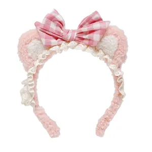 Cute pink plush cat ear headband with checkered bow and lace trim for sweet Lolita style.