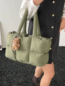 Puff Quilted Tote Bag Soft Padded Cotton Shoulder Bag Casual Large Capacity Zip Crossbody Bag For Women