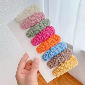 Cute fuzzy plush hair clips set, colorful lamb wool bobby pins, cozy winter hair accessories.