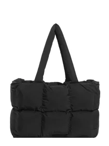 Black padded grid tote bag, soft puffer shoulder bag for women, casual everyday handbag.