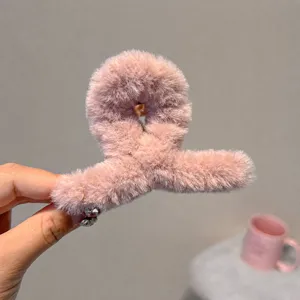 Fluffy pink hair claw clip for women, cute winter plush shark clip hair accessory 9cm