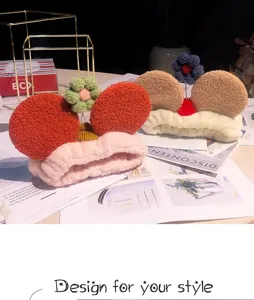 Cute plush facial headband with mouse ears and flower decor, soft for daily skincare.