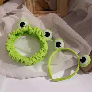 Conjunto de diadema de felpa de rana verde para lavado de cara, aro de pelo suave mujer.
