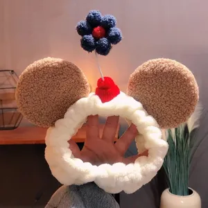 Cute plush face washing headband with cartoon animal ears for women, soft makeup hair hoop.