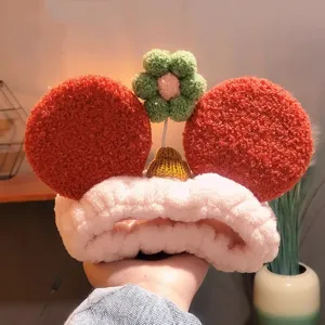 Cute plush makeup headband with mouse ears and flower decoration for women face washing