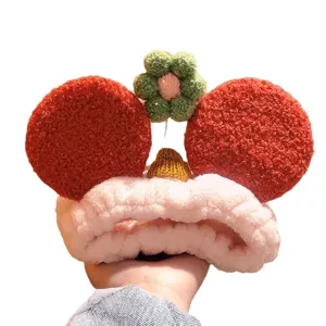 Cute plush Mickey style round ears headband for women, red and pink daily makeup face washing hoop.
