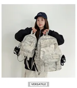 Casual camo backpack set for students, lightweight travel rucksack with cute cat pendant.