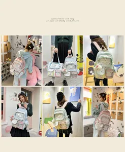 Kawaii dopamine color-blocking student backpack with multi pockets and cute plush pendant.
