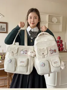Cream canvas school backpack tote bag set multi pocket student rucksack cute bookbag