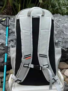 Lightweight hiking backpack in grey nylon, breathable mesh back panel and adjustable straps.