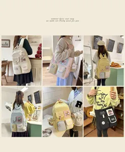 Casual canvas school backpack with multi pockets and cute plush pendant for daily use.