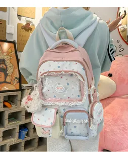 Detailed view of the cute dopamine school backpack with transparent pockets and lace trim.