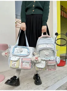 Cute sweet style pastel star pattern school backpack and tote bag set with lace and clear pocket.