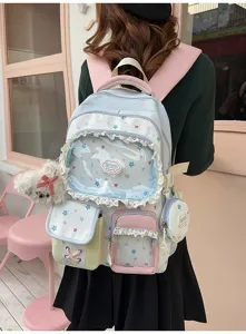 Cute pastel color-block school backpack detail, featuring star print, clear ita window and lace trim.