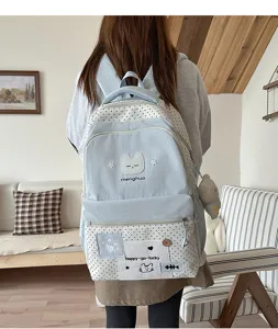 Zaino scolastico a pois carino per studenti, design ricamato con gatto carino e grande capacità.