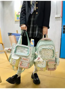 Student color block backpack and tote bag two piece set with cute star pattern and clear pocket.