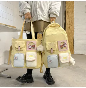Cute canvas school backpack and tote bag two-piece set, stylish pastel color block design.