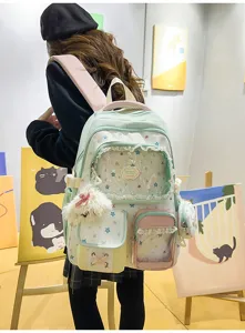 Chic colorful student backpack with transparent front pocket, ideal for daily school and casual use.